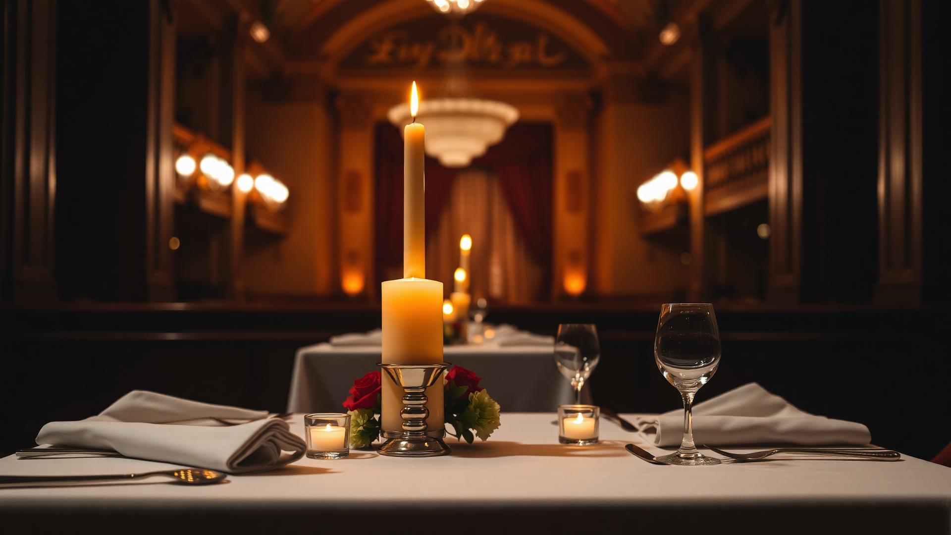 Candlelit dining table at Restaurant Estonia with the opera house glowing in the background